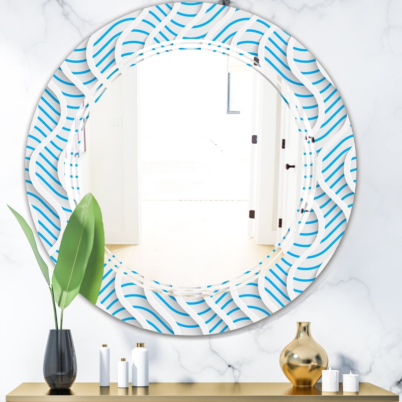 3D White and Light Blue Pattern II - Modern Round or Oval Wall Mirror - Triple C