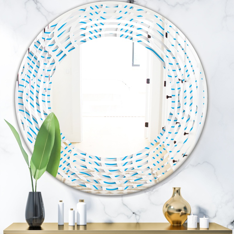 3D White and Light Blue Pattern II - Modern Round or Oval Wall Mirror - Wave