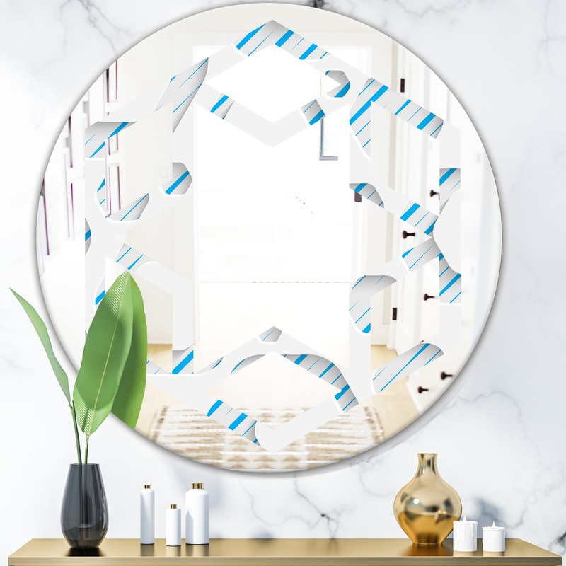 3D White and Blue Pattern IV - Modern Round or Oval Wall Mirror - Hexagon Star