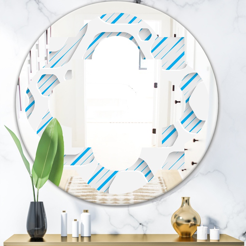 3D White and Blue Pattern IV - Modern Round or Oval Wall Mirror - Quatrefoil