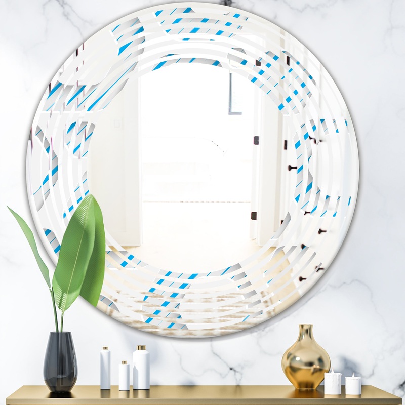 3D White and Blue Pattern IV - Modern Round or Oval Wall Mirror - Wave