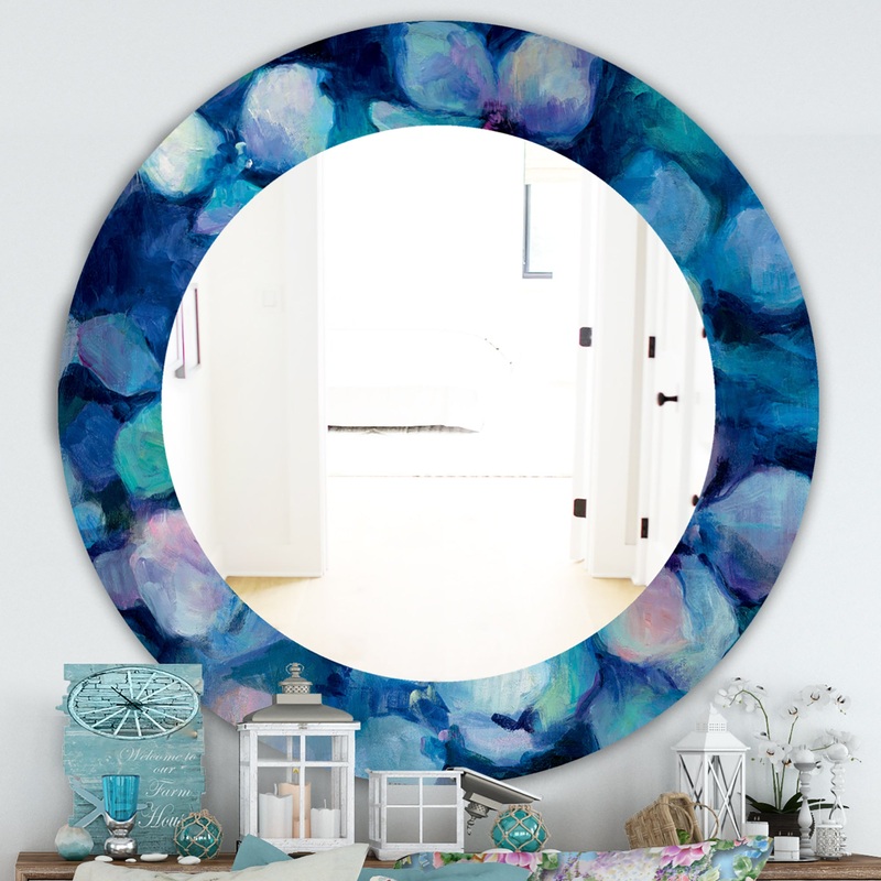 Abstract Blue Flower Petals - Farmhouse Mirror - Frameless Oval or Round Wall Mirror