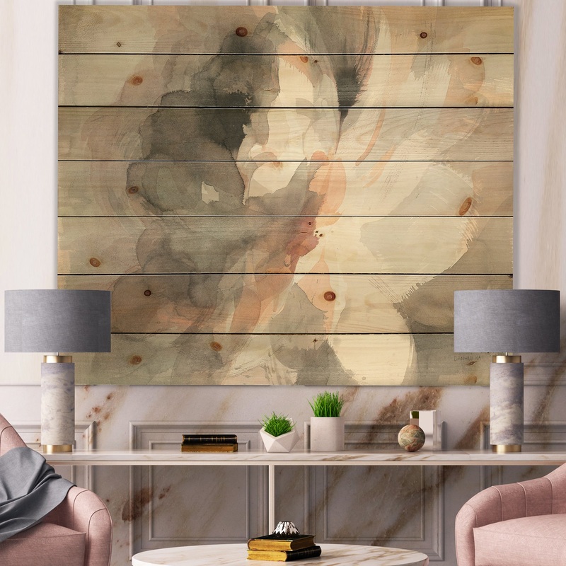 Abstract Peony Grey - Pink Modern Print on Natural Pine Wood