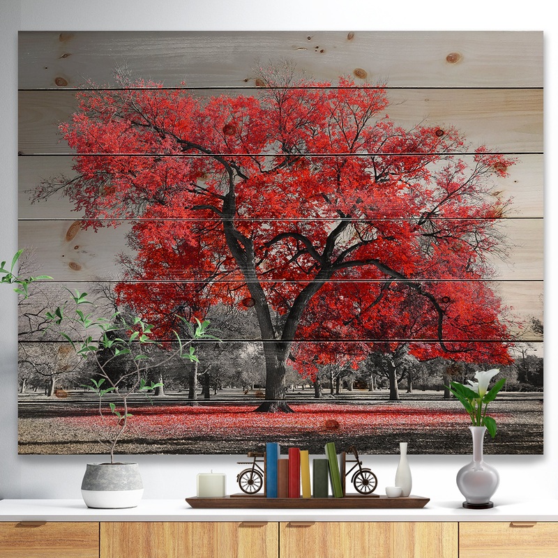 Big Red Tree on Foggy Day - Landscape Print on Natural Pine Wood