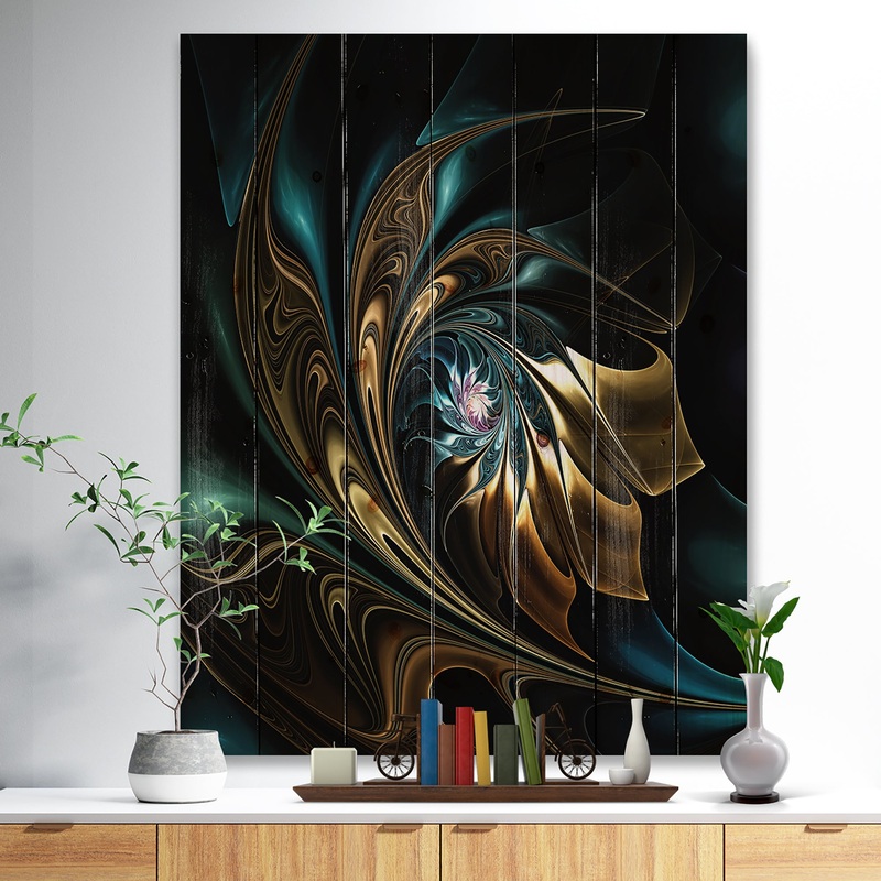 Brown Blue Fractal Flower in Black - Abstract Print on Natural Pine Wood
