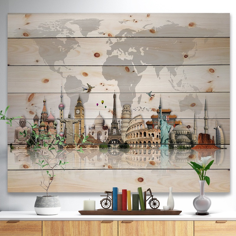 Famous Monuments Across World Map - Print on Natural Pine Wood