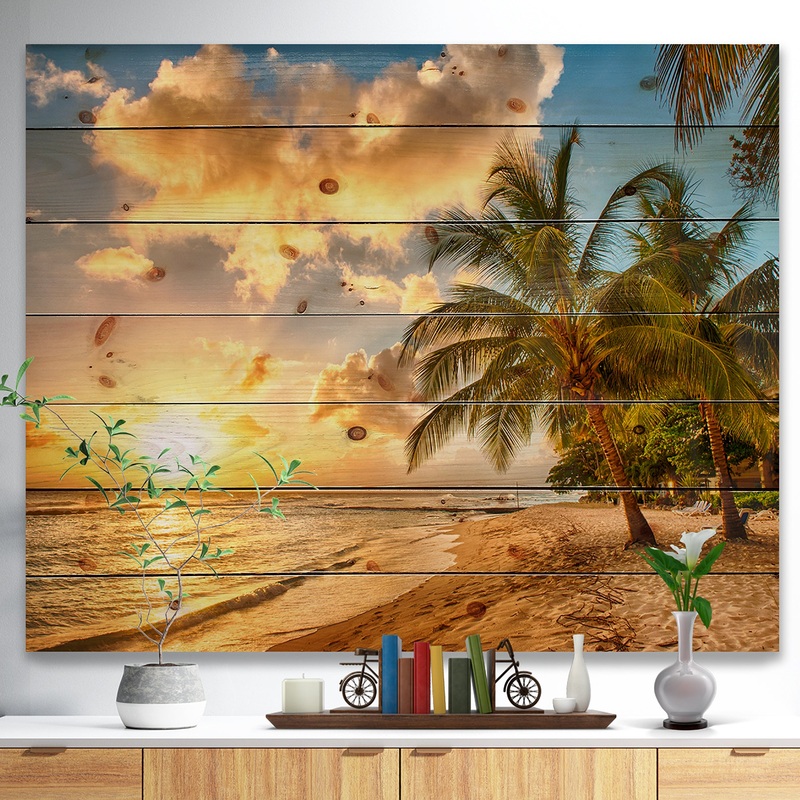 Gorgeous Beach of Island Barbados - Modern Seascape Print on Natural Pine Wood