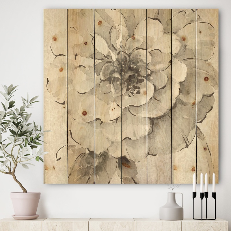 Indigold Grey Peonies I - Farmhouse Print on Natural Pine Wood