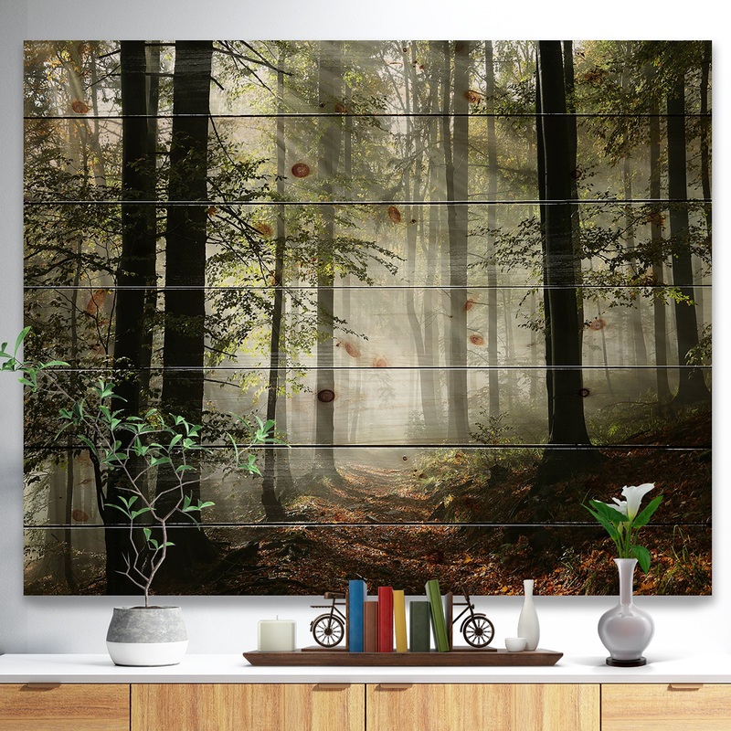 Light in Dense Fall Forest with Fog - Landscape Print on Natural Pine Wood