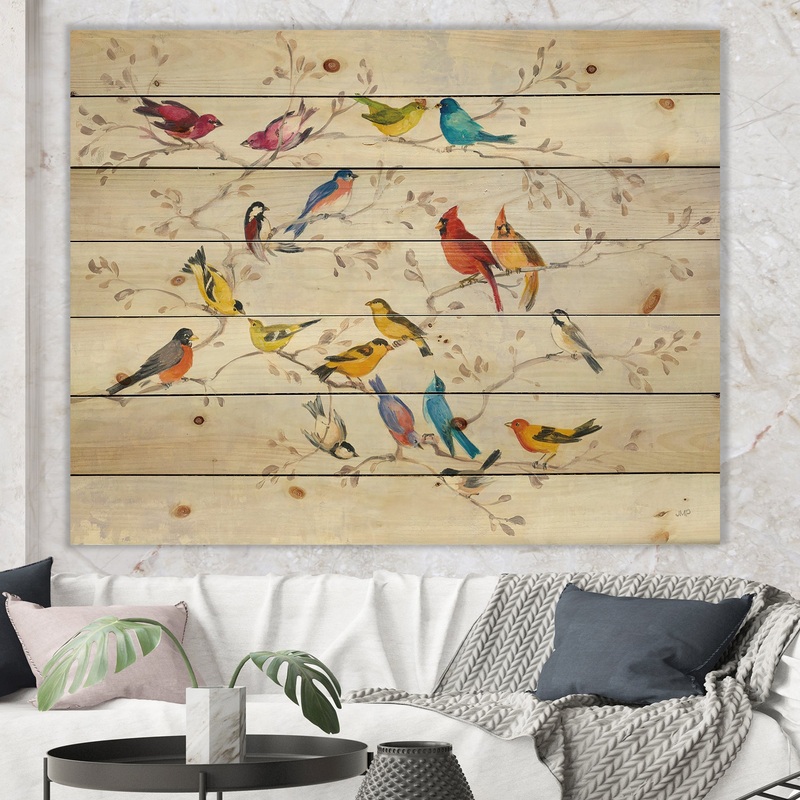 Multi-Color Bird on Tree - Modern Farmhouse Print on Natural Pine Wood