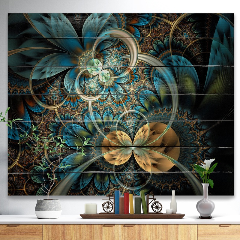 Symmetrical Blue Gold Fractal Flower - Abstract Print on Natural Pine Wood