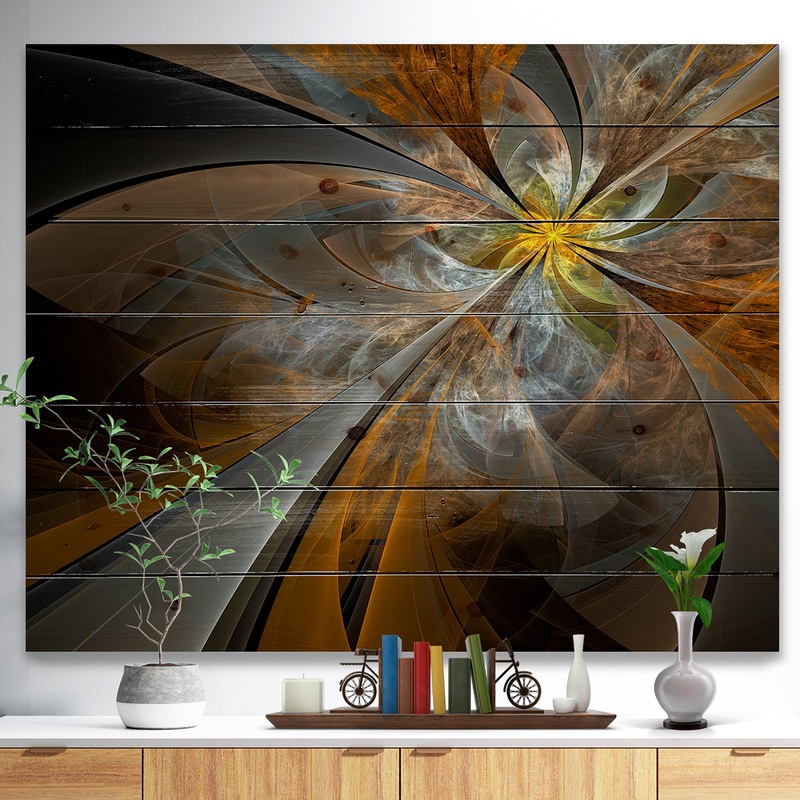 Symmetrical Yellow Fractal Flower - Abstract Print on Natural Pine Wood