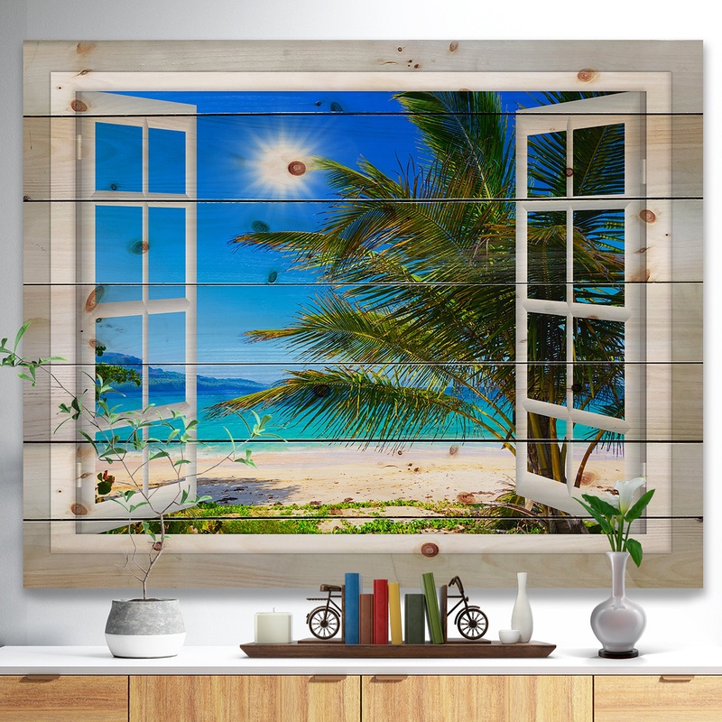 Window Open to Beach with Palm - Seashore Print on Natural Pine Wood