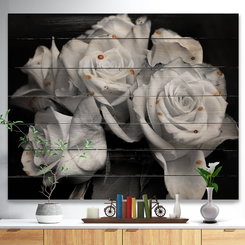 Bunch of Roses Black and White - Floral Art Print on Natural Pine Wood