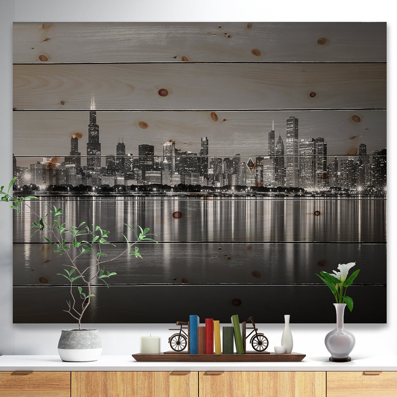 Chicago Skyline at Night Black and White - Cityscape Print on Natural Pine Wood
