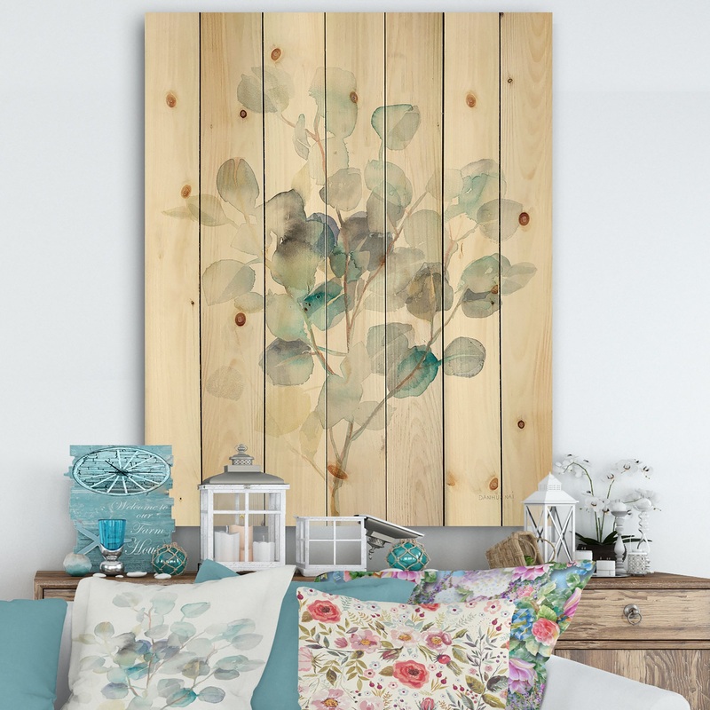 Eucalyptus leaves I - Farmhouse Print on Natural Pine Wood