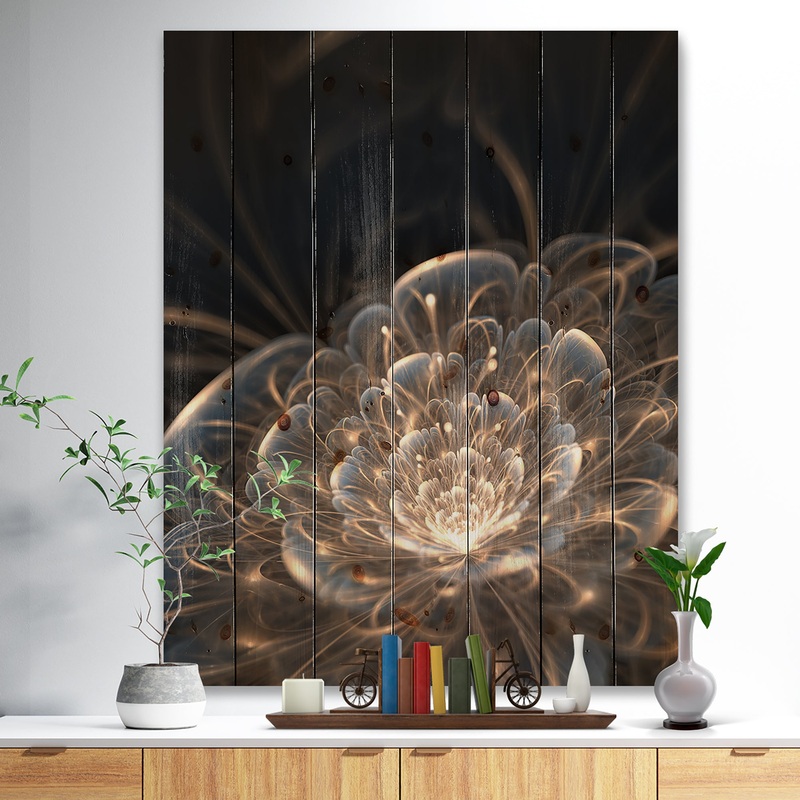 Fractal Flower with Golden Rays - Floral Art Print on Natural Pine Wood