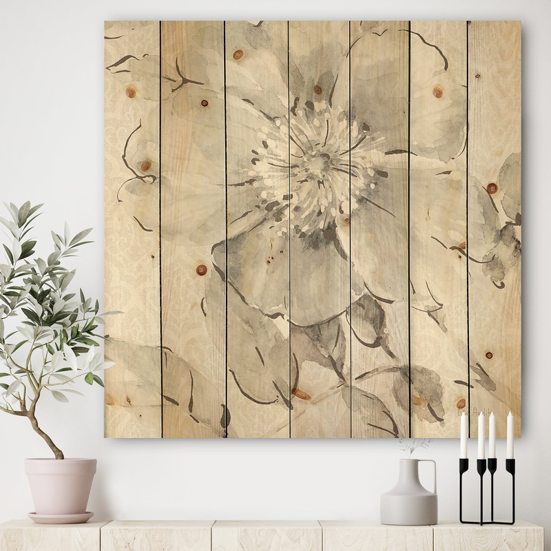 Porch & Den Indigold Grey Peonies II - Print on Natural Pine Wood