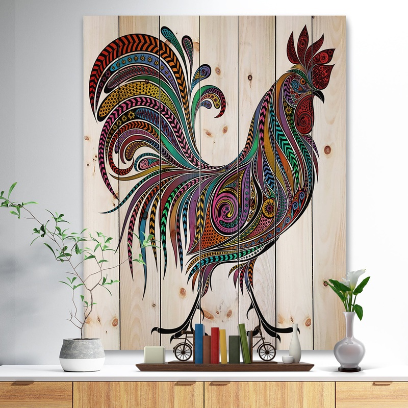 2017 Colored Patterns Rooster - Farmhouse Animal Painting Print on Natural Pine Wood