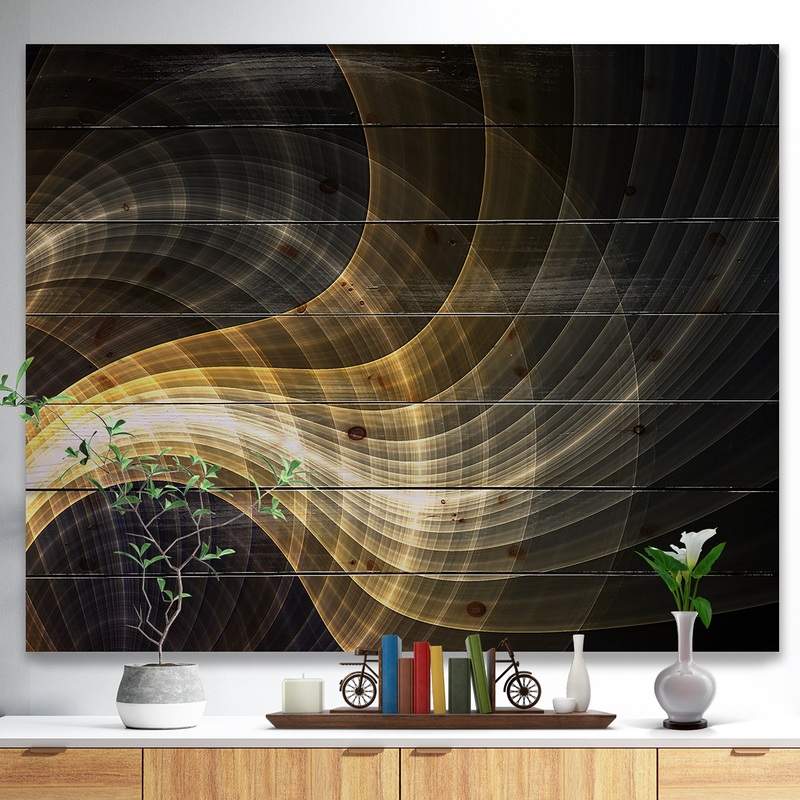 Yellow Fractal Light Art - Abstract Print on Natural Pine Wood