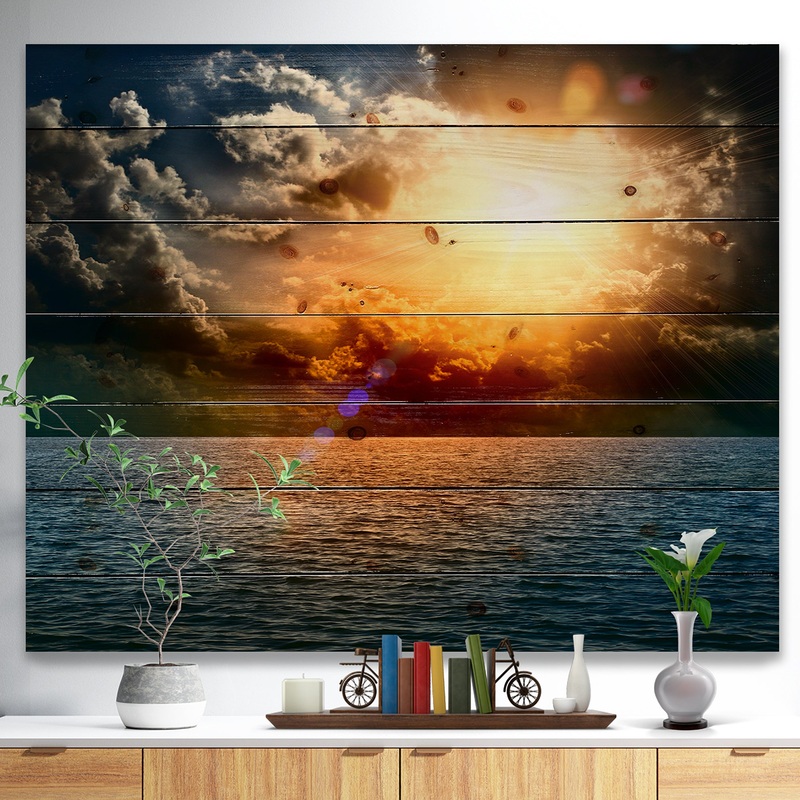 Yellow Sunset in the Middle of Ocean - Beach Photo Print on Natural Pine Wood