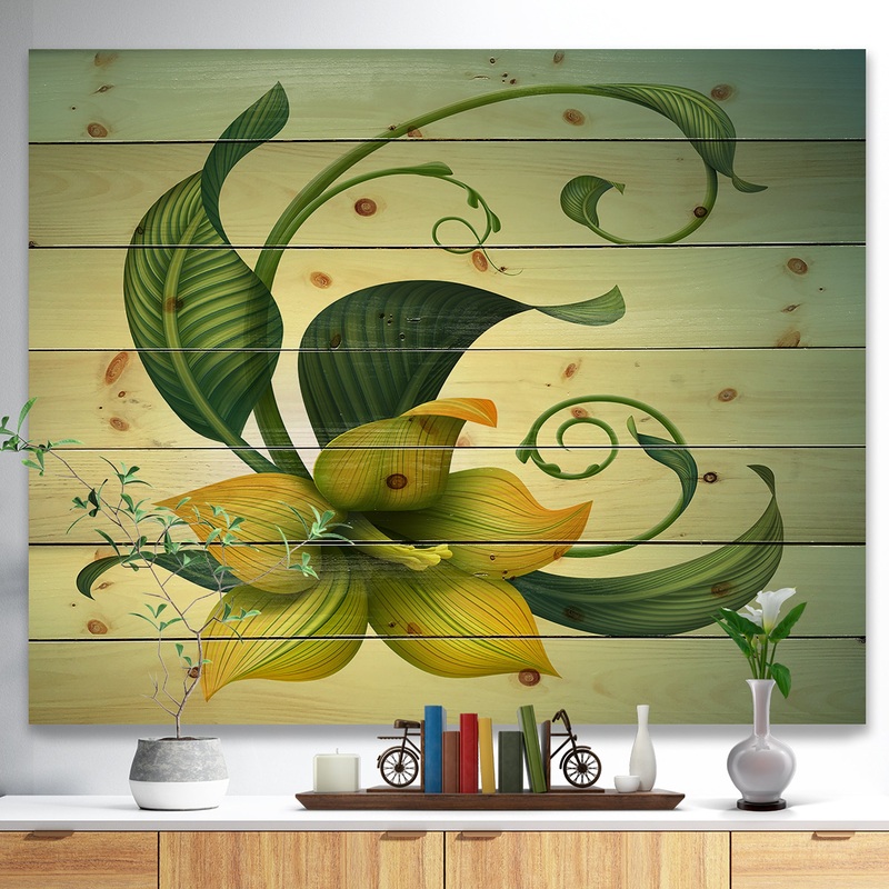 Yellow Fantasy Flower - Floral Print on Natural Pine Wood