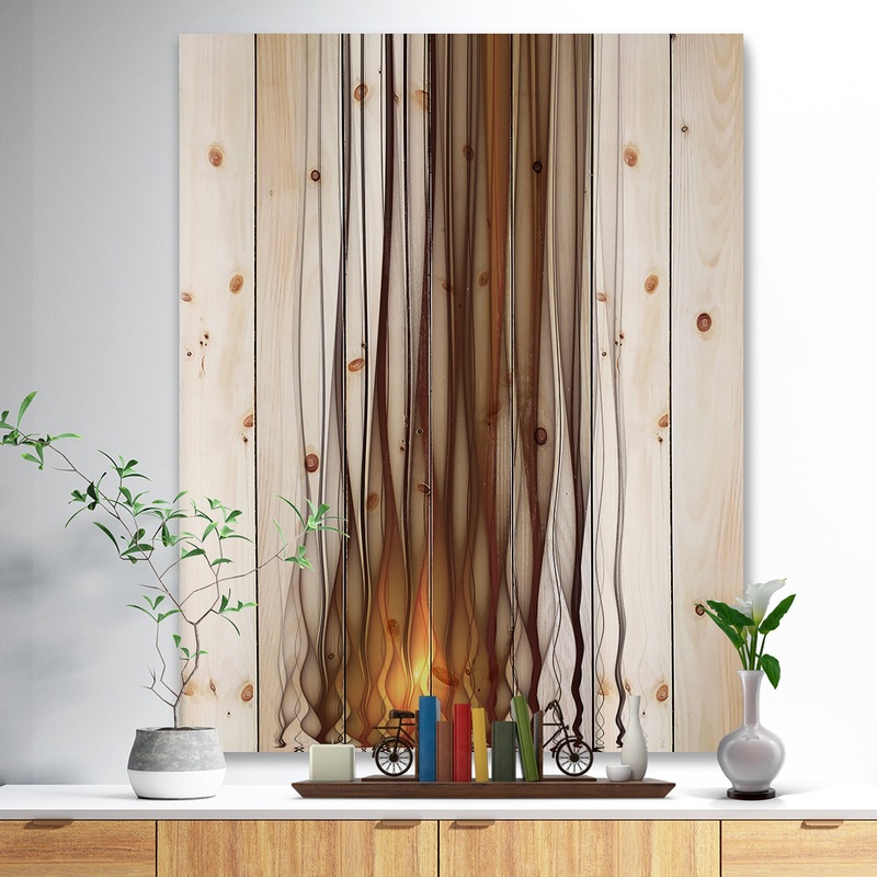 Yellow Fractal Flames Pattern - Abstract Print on Natural Pine Wood