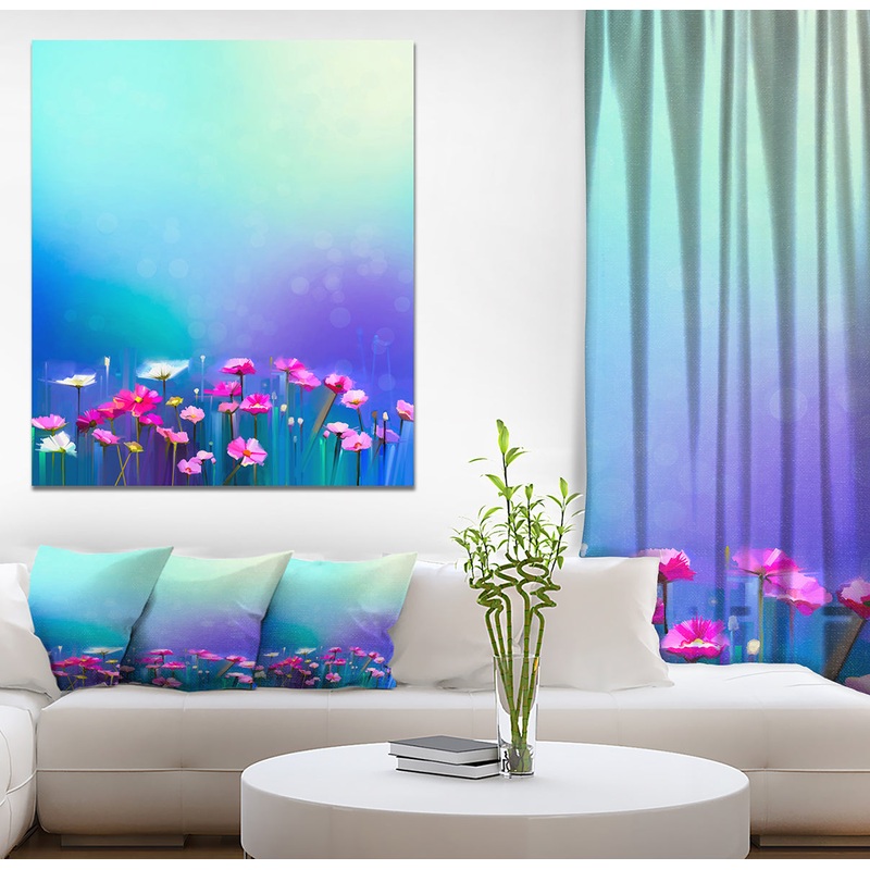 Abstract Pink Cosmos and Daisy Flower - Floral Painting Print on Wrapped Canvas