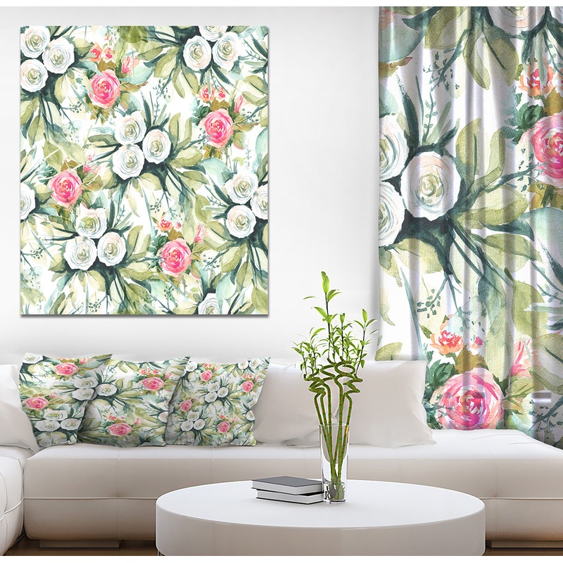 White and Red Roses in Seamless Pattern - Floral Painting Print on Wrapped Canvas
