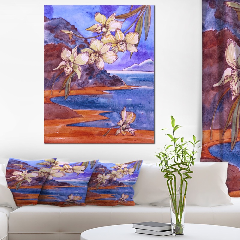 White Orchid with Sea - Floral Canvas Print