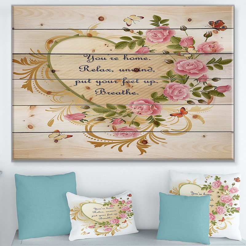 A home is nothing without love. Heart of gold and roses - Textual Entrance Art on Wood Wall Art