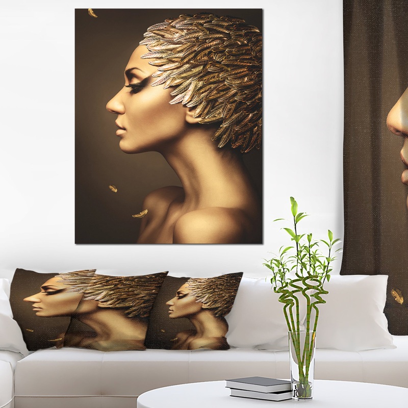 Woman with Gold Feather Hat - Contemporary Canvas Art Print