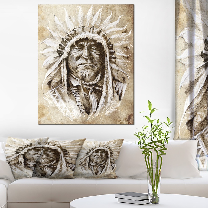 American Indian Head Tattoo Sketch - 16x32 Portrait Canvas Print