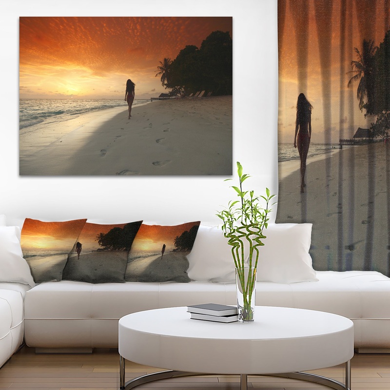 Woman Walking on Beach - Seashore Photo Canvas Art Print