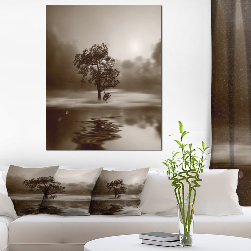 Alone Tree on Island in Sepia - Extra Large Wall Art Landscape