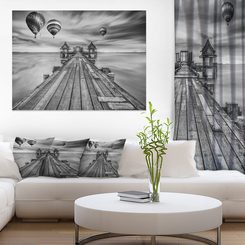 Wood Bridge in Port between Sunrise - Sea Bridge Canvas Wall Artwork