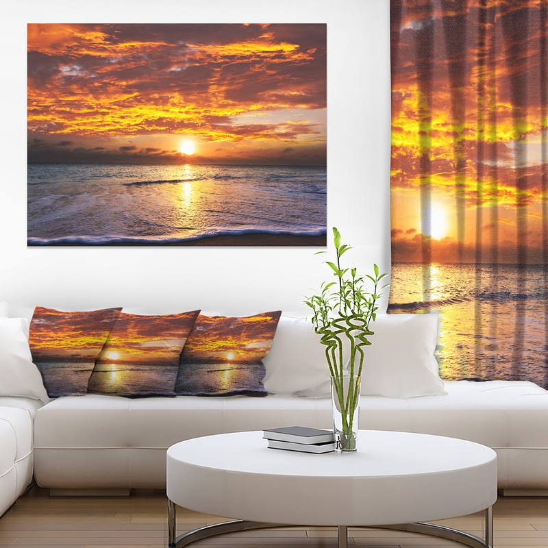 Yellow Sunset above Foaming Waves - Modern Beach Canvas Art Print