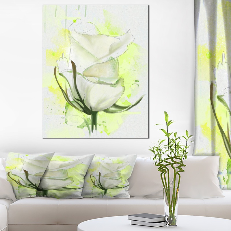 White Roses Watercolor Sketch - Modern Floral Canvas Wall Art
