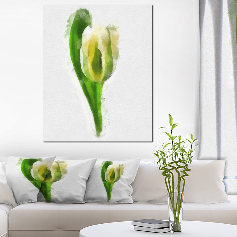 White Tulip with Green Leaves - Large Floral Canvas Artwork