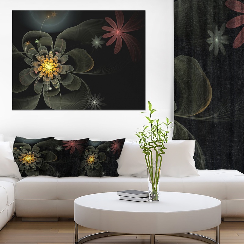 Yellow Small Fractal Flower in Black - Modern Floral Canvas Wall Art