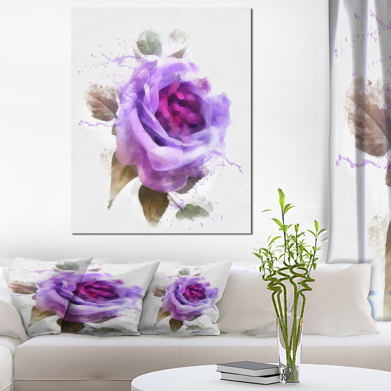 Watercolor Purple Rose with Leaves - Floral Canvas Artwork Print