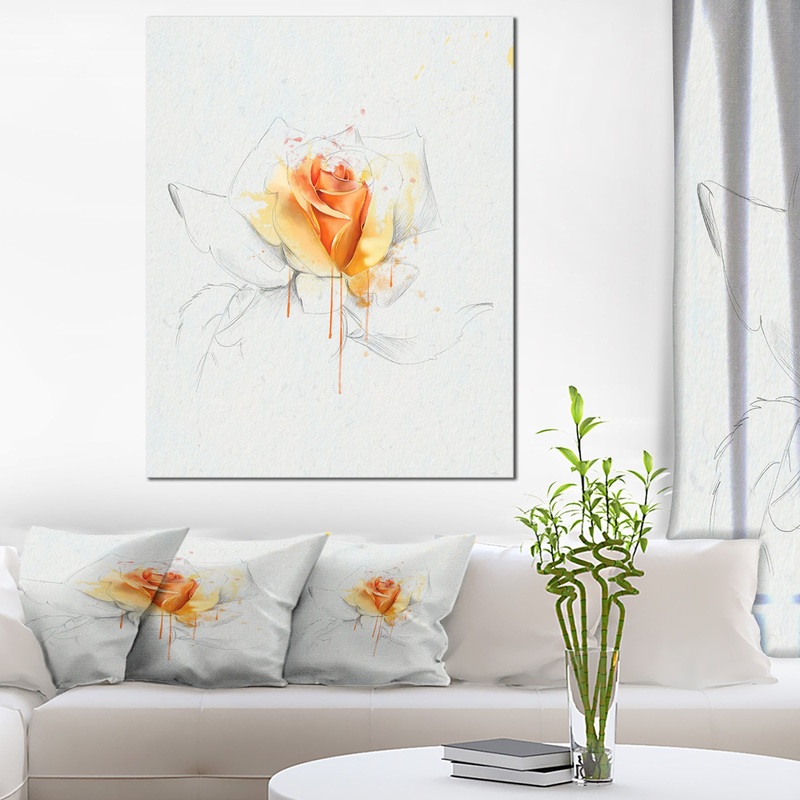 Yellow Rose Sketch on White Back - Flower Artwork on Canvas