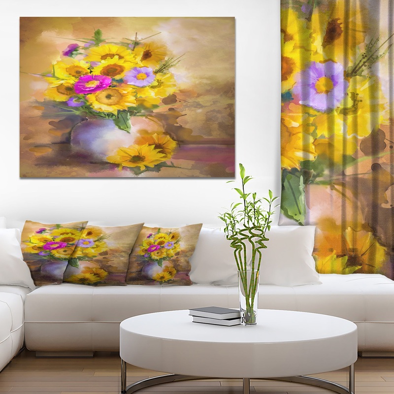 Yellow Sunflower and Violet Aster Flowers - Extra Large Floral Wall Art